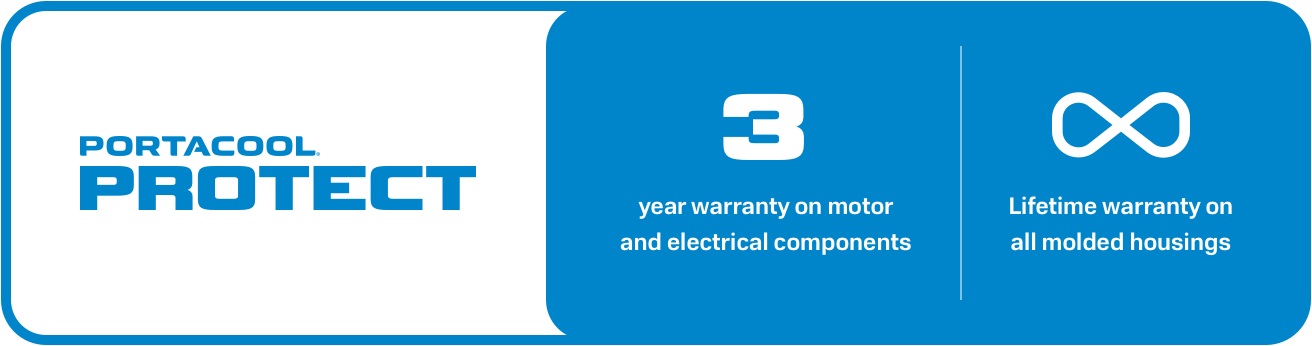 Portacool Protect branding highlighting a lifetime warranty on molded housings and a three-year warranty on motor and electrical components.